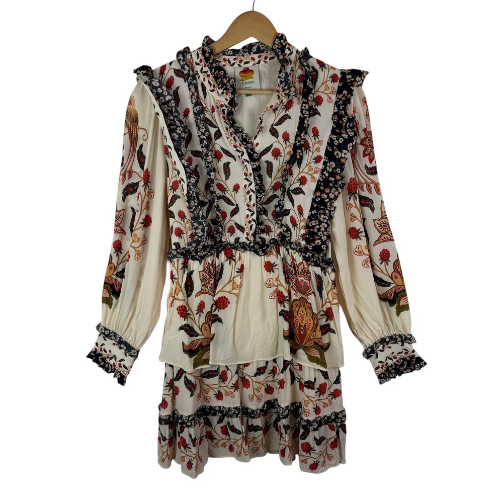 Farm Rio Ruffled Mock Neck Mini Dress Small Berry Garden Botanical Floral Tiered - Picture 2 of 16
